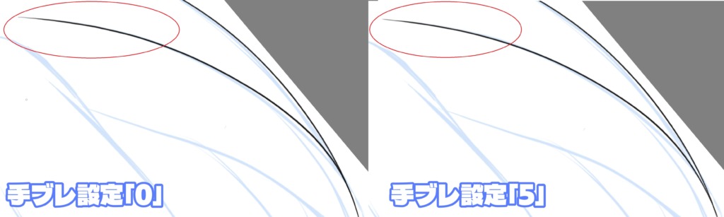 手ブレ補正10未満は線全体の差が小さく見えやすいが、0だと描き始めに微ブレが出ることがある。5で軽く抑えられる
