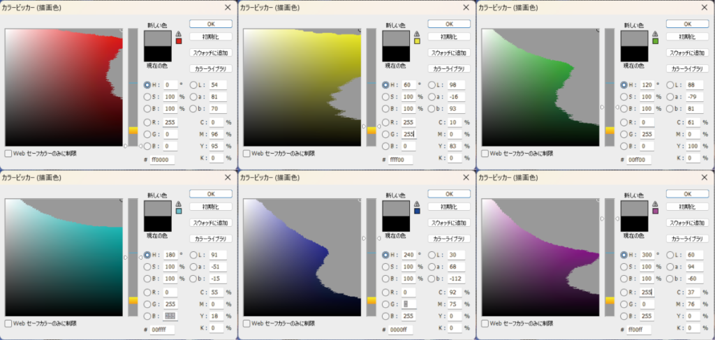 CMYKで表示出来ない色の範囲